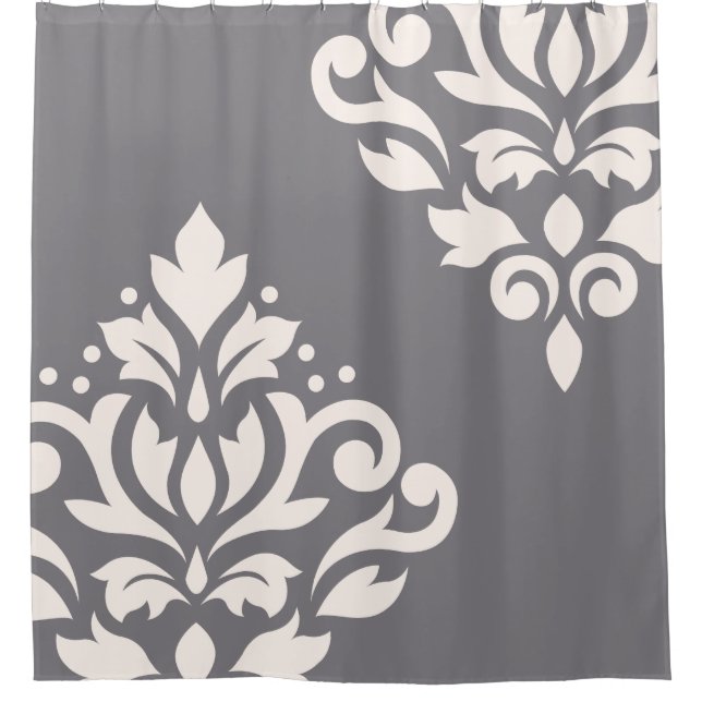 Scroll Damask Art I Cream on Grey Shower Curtain (Front)