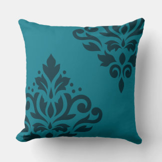 Scroll Damask Art I Dark on Mid-Teal Throw Pillow