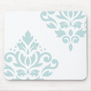 Scroll Damask Art I Duck Egg Blue on White Mouse Pad