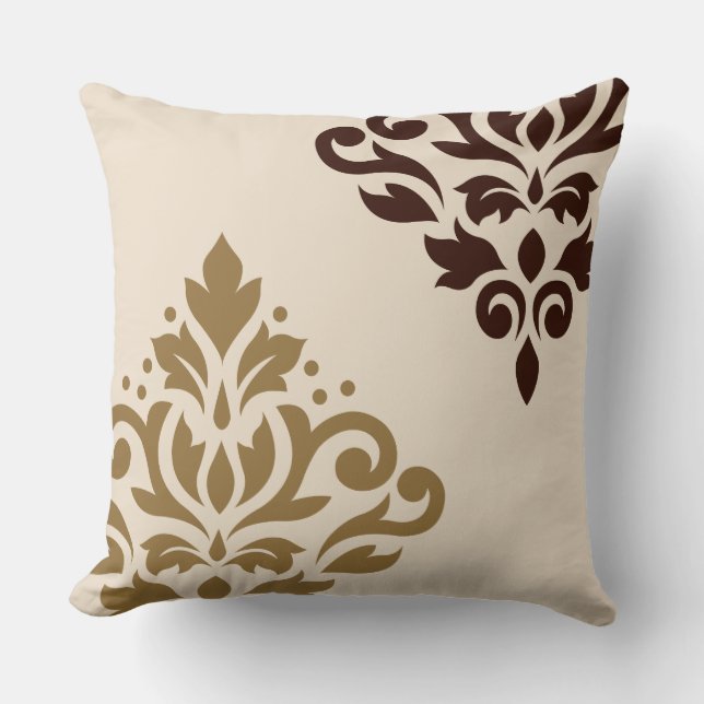Scroll Damask Art I Gold & Brown on Cream Throw Pillow (Front)