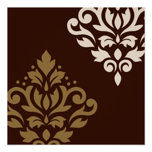 Scroll Damask Art I Gold  Cream on Brown Poster