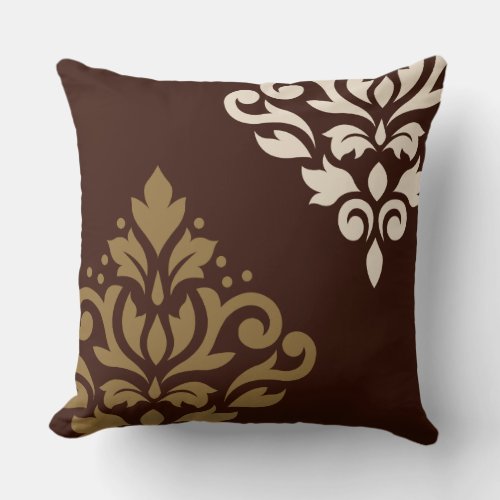 Scroll Damask Art I Gold  Cream on Brown Throw Pillow