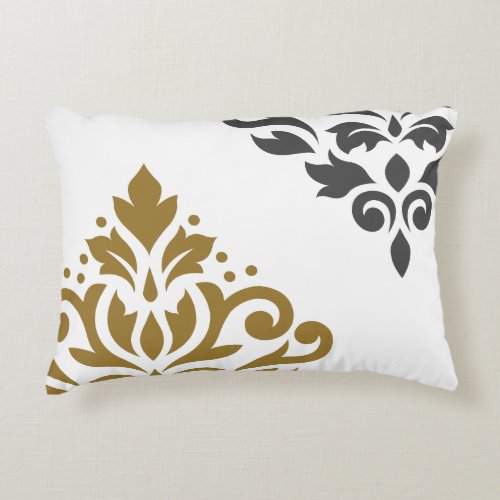 Scroll Damask Art I Gold  Grey on White Decorative Pillow
