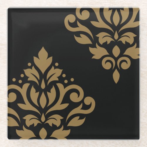 Scroll Damask Art I Gold on Black Glass Coaster
