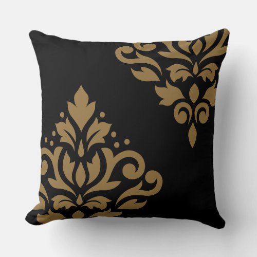 Scroll Damask Art I Gold on Black Throw Pillow
