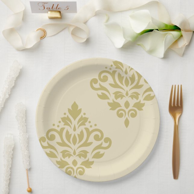 Scroll Damask Art I Gold on Cream Paper Plates (Wedding)
