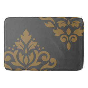 Scroll Damask Art I Gold on Grey Bathroom Mat