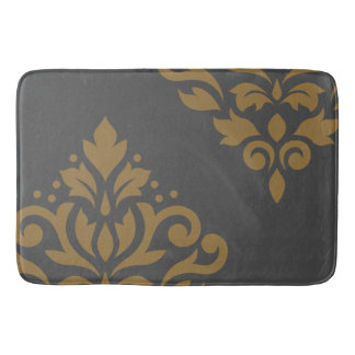Scroll Damask Art I Gold on Grey Bathroom Mat
