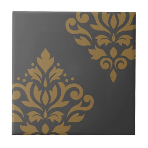 Scroll Damask Art I Gold on Grey Ceramic Tile