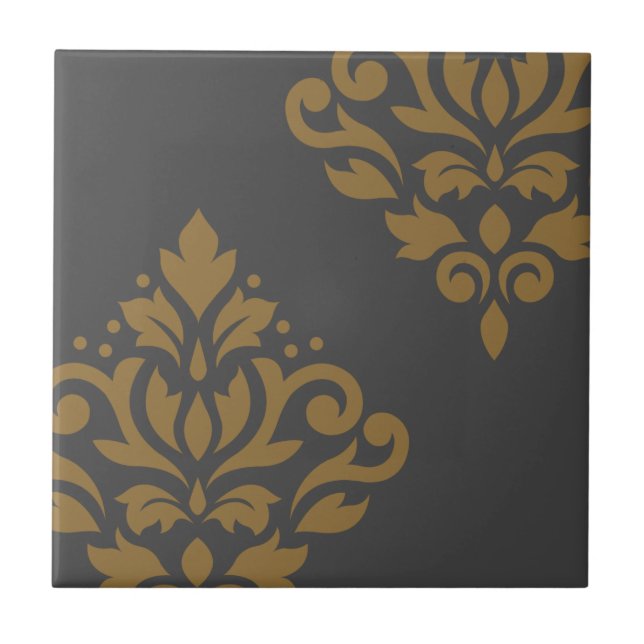 Scroll Damask Art I Gold on Grey Ceramic Tile (Front)