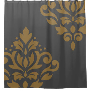 Scroll Damask Art I Gold on Grey Shower Curtain