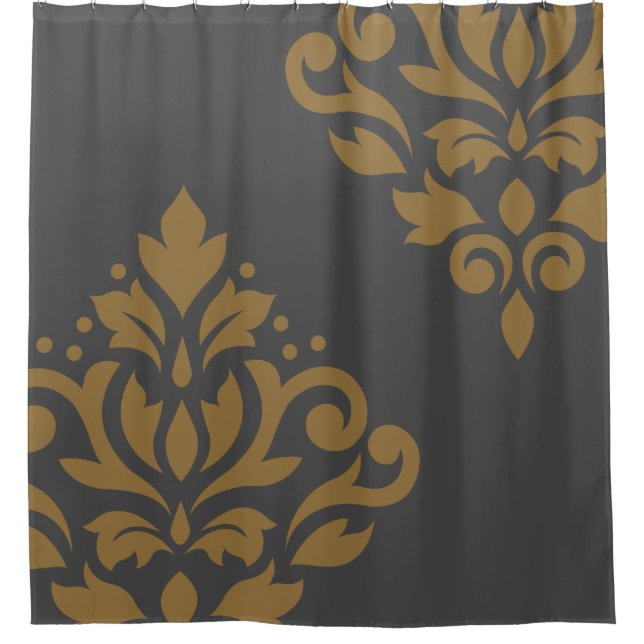 Scroll Damask Art I Gold on Grey Shower Curtain (Front)