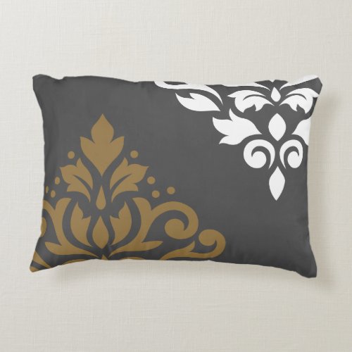 Scroll Damask Art I Gold  White on Grey Decorative Pillow