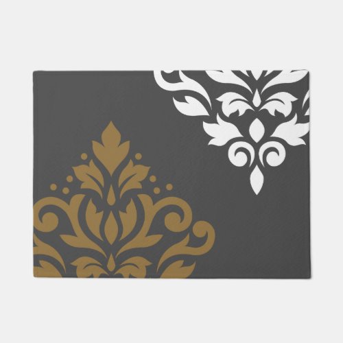 Scroll Damask Art I Gold  White on Grey Doormat