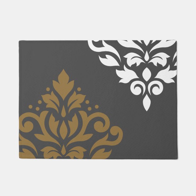 Scroll Damask Art I Gold & White on Grey Doormat (Front)