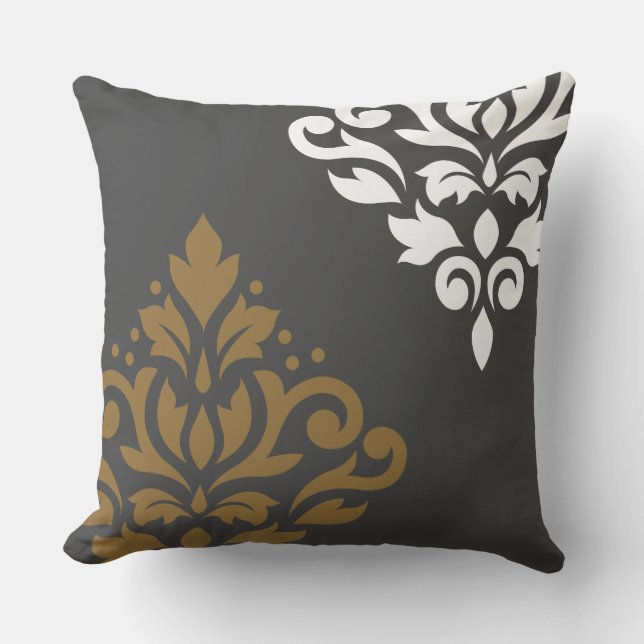 Scroll Damask Art I Gold & White on Grey Throw Pillow (Front)