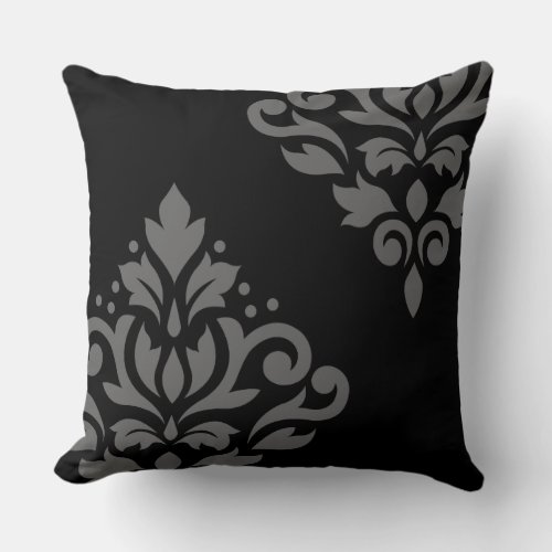 Scroll Damask Art I Gray on Black Throw Pillow