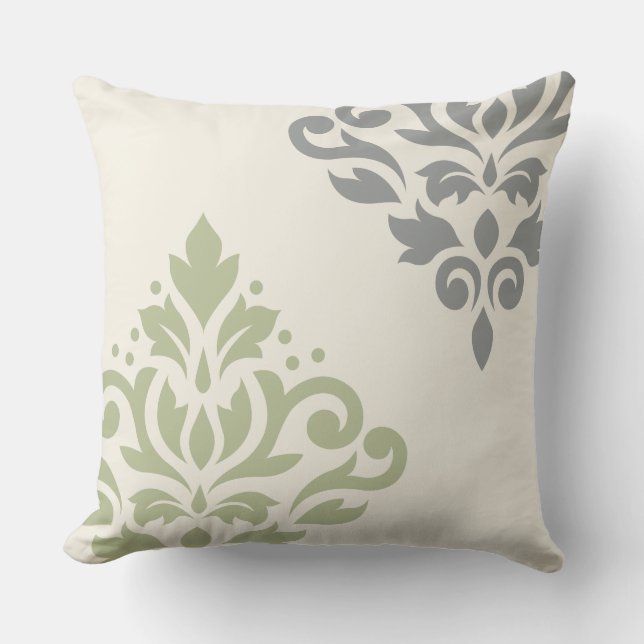 Scroll Damask Art I Green Gray Cream Throw Pillow (Front)