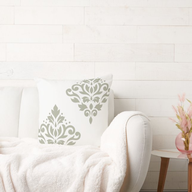 Scroll Damask Art I Green on White Throw Pillow (Couch)