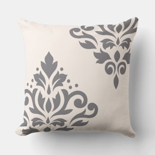 Scroll Damask Art I Grey on Cream Throw Pillow