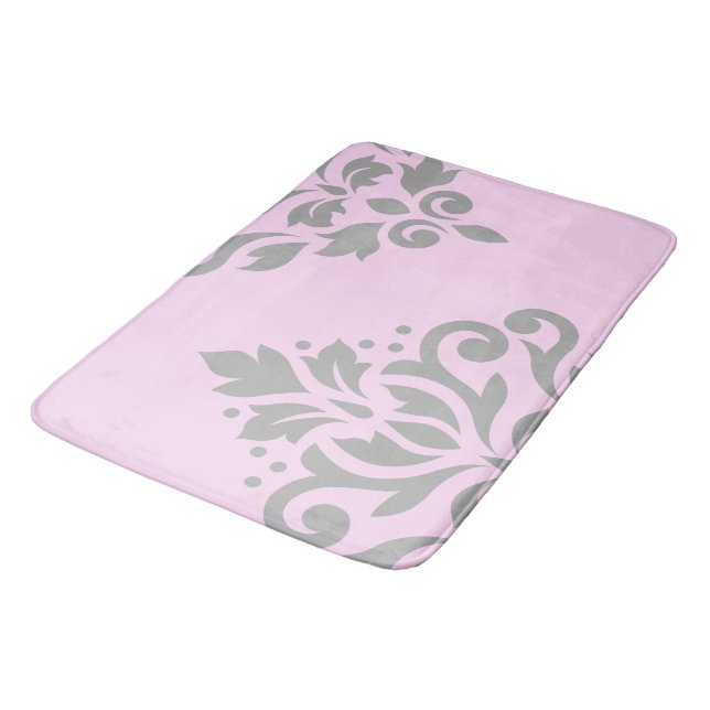 Scroll Damask Art I Grey on Pink Bathroom Mat (Angled)