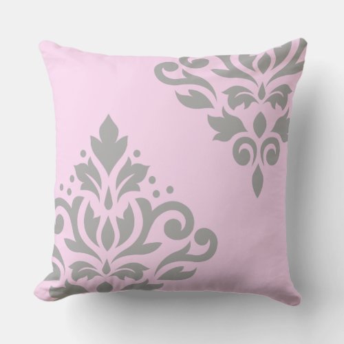 Scroll Damask Art I Grey on Pink Throw Pillow