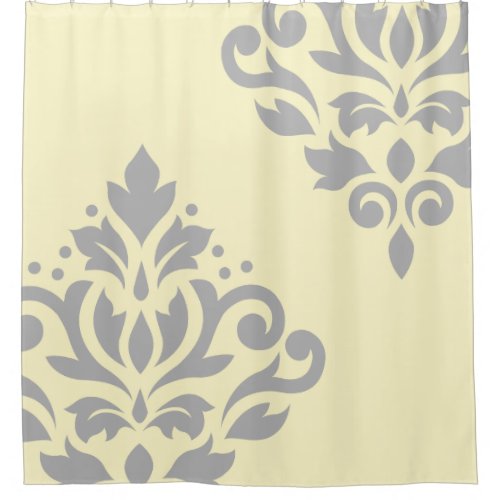 Scroll Damask Art I Grey on Yellow Shower Curtain