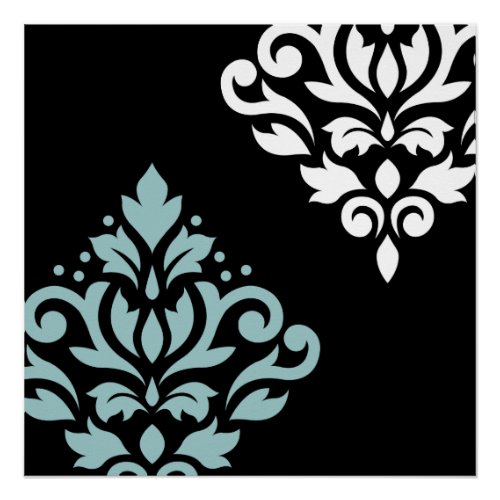 Scroll Damask Art I Lt Teal  Wt on Blk Poster