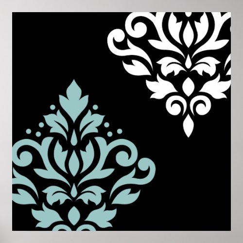 Scroll Damask Art I Lt Teal  Wt on Blk Poster