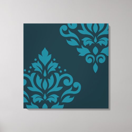 Scroll Damask Art I Mid_Teal on Dark Teal Canvas Print