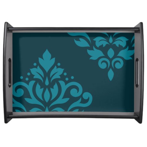 Scroll Damask Art I Mid_Teal on Dark Teal Serving Tray