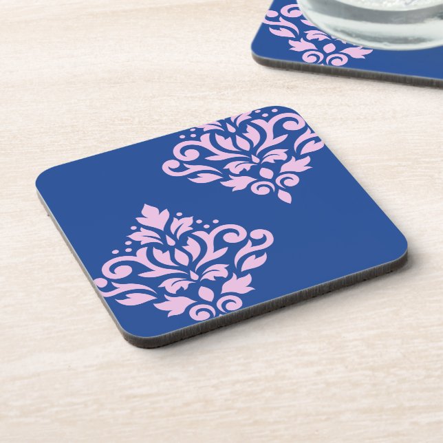 Scroll Damask Art I Pink on Blue Beverage Coaster (Left Side)