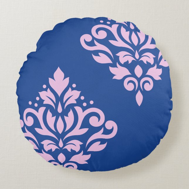 Scroll Damask Art I Pink on Blue Round Pillow (Front)
