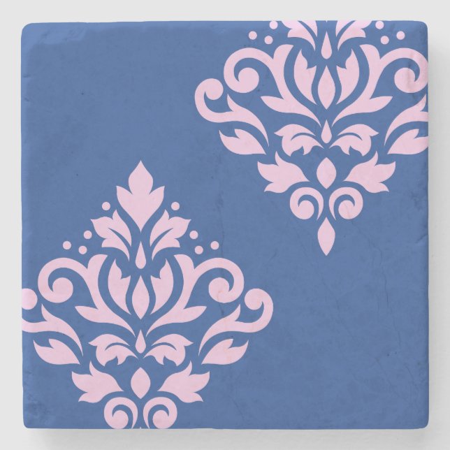 Scroll Damask Art I Pink on Blue Stone Coaster (Front)