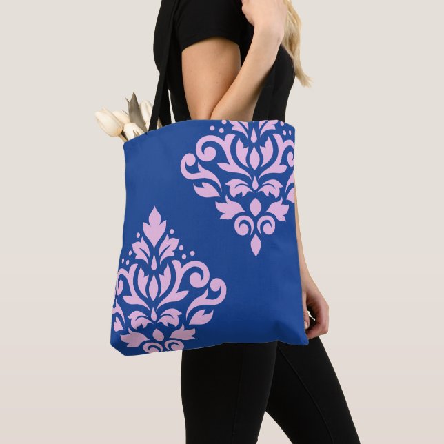 Scroll Damask Art I Pink on Blue Tote Bag (Close Up)