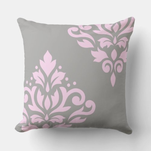 Scroll Damask Art I Pink on Grey Throw Pillow