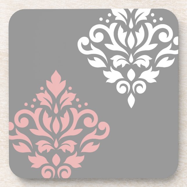 Scroll Damask Art I Pink White Gray Beverage Coaster (Front)