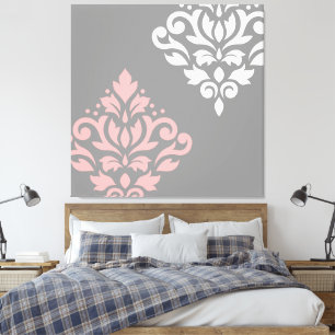 Scroll Damask Art I Pink White Gray Canvas Print