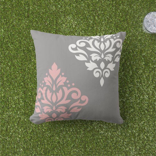 Scroll Damask Art I Pink White Gray Outdoor Pillow (Grass)