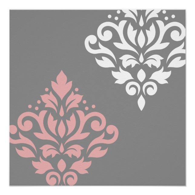 Scroll Damask Art I Pink White Gray Poster (Front)