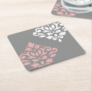 Scroll Damask Art I Pink White Gray Square Paper Coaster