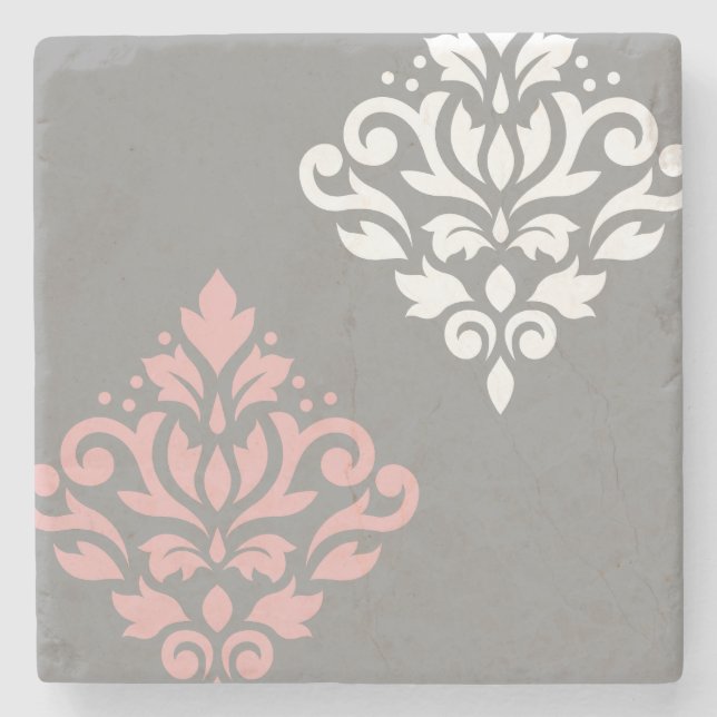 Scroll Damask Art I Pink White Gray Stone Coaster (Front)