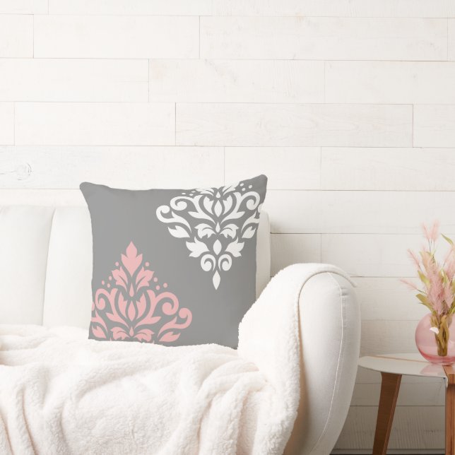 Scroll Damask Art I Pink White Gray Throw Pillow (Couch)
