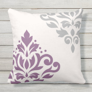 Scroll Damask Art I Plum & Grey on Cream Outdoor Pillow