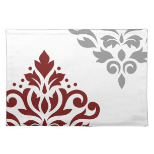 Scroll Damask Art I Red & Grey on White Cloth Placemat