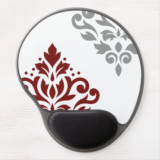 Scroll Damask Art I Red & Grey on White Gel Mouse Pad (Front)