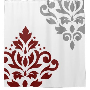 Scroll Damask Art I Red & Grey On White Shower Curtain by NataliePaskellDesign at Zazzle