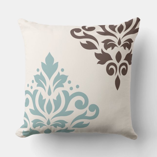 Scroll Damask Art I Teal Brown Cream Outdoor Pillow (Front)
