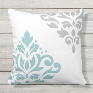 Scroll Damask Art I Teal & Grey on White Outdoor Pillow