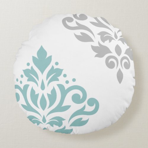 Scroll Damask Art I Teal  Grey on White Round Pillow